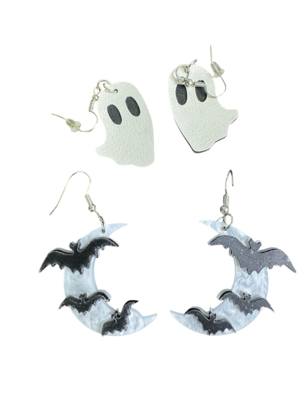 Halloween Ghost and Bat Crescent Moon Dangle Earrings White and Black